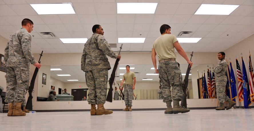 MOODY AIR FORCE BASE, Ga.-- Moody AFB Honor Guard members perform a sequence of steps they just learned during training March 21. A typical day of training last six to eight hours with each step being repeated until it’s done properly. (U.S. Air Force/Airman 1st Class Joshua Green) (RELEASED)

