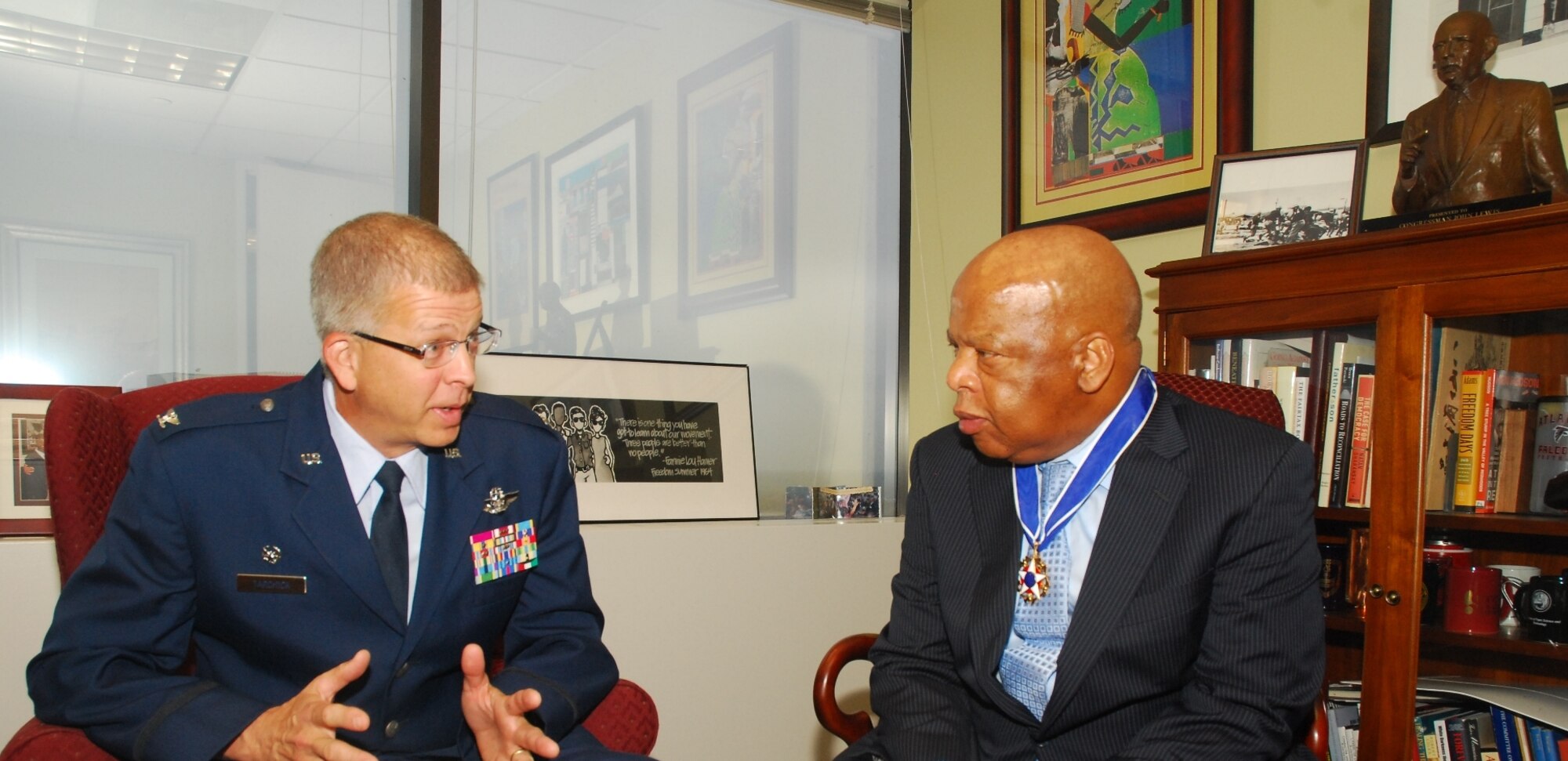 Col. Timothy E. Tarchick, 94th AW commander, makes a congressional visit to U.S. Rep. John Lewis, from Georgia's 5th Congressional District, in his Atlanta office March 21.  Their discussion focused around military issues at Dobbins Air Reserve Base, Ga.  (U.S. Air Force photo/J.D. Marckmann)