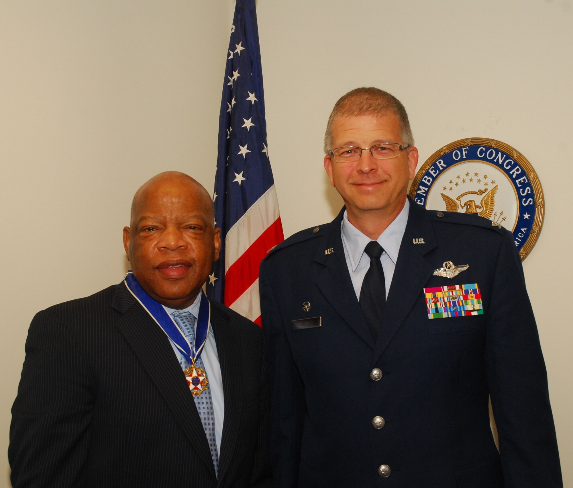 Col. Timothy E. Tarchick, 94th AW commander, makes a congressional visit to U.S. Rep. John Lewis, from Georgia's 5th Congressional District, in his Atlanta office March 21.  Their discussion focused around military issues at Dobbins Air Reserve Base, Ga.  (U.S. Air Force photo/J.D. Marckmann)