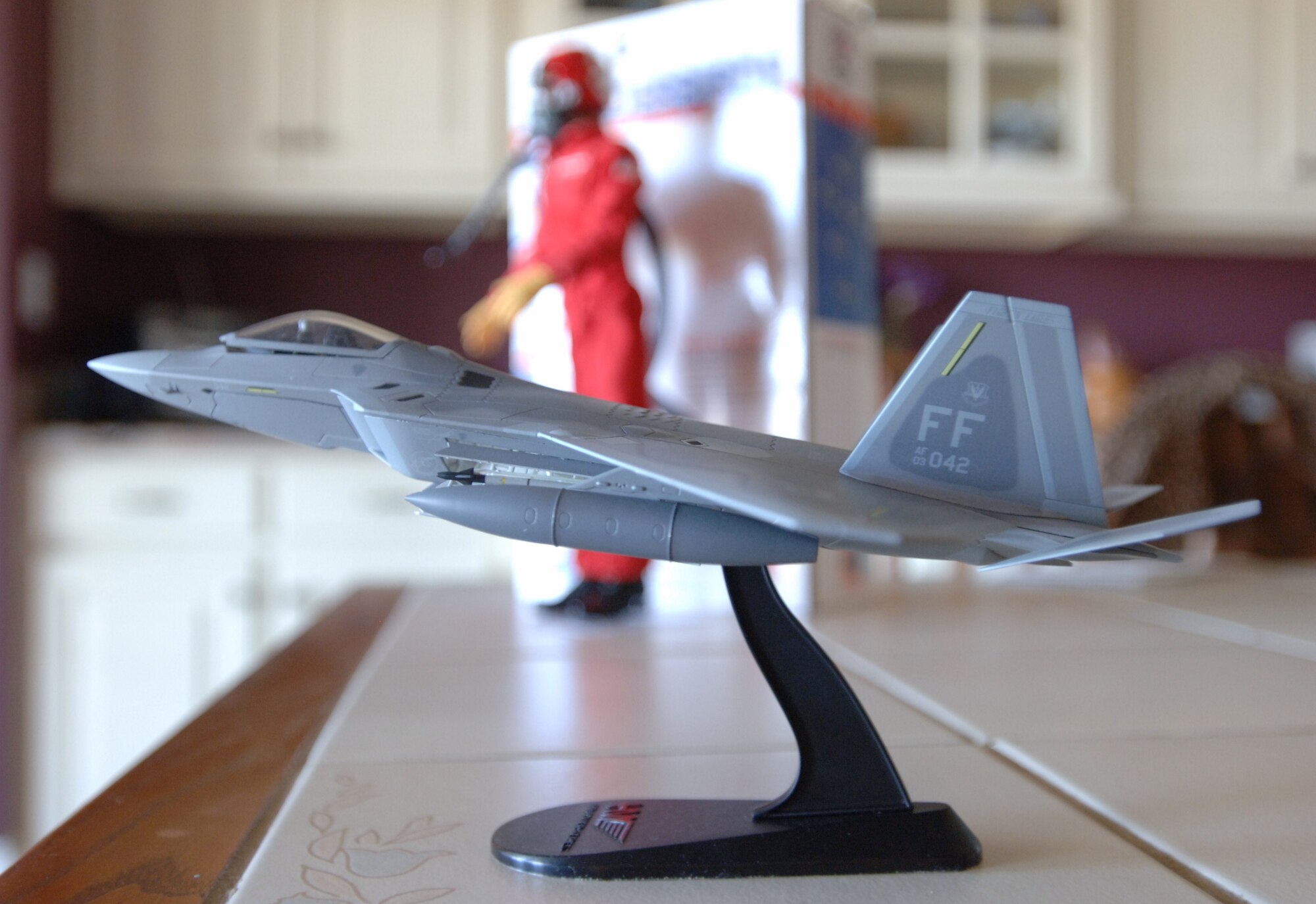 A die-cast model of an F-22 Raptor, complete with the 1st Fighter Wing's distinctive insignia and "FF" tail markings, is displayed in Mrs. Connie Johnson's home in Hampton, Va., March 17. Mrs. Johnson, a Hampton native, is an avid fighter jet enthusiast who regularly enjoys the sights and sounds of the F-22 Raptors from Langley Air Force Base, located immediately across the Back River from her home. (U.S. Air Force photo by Airman 1st Class Jason J. Brown)