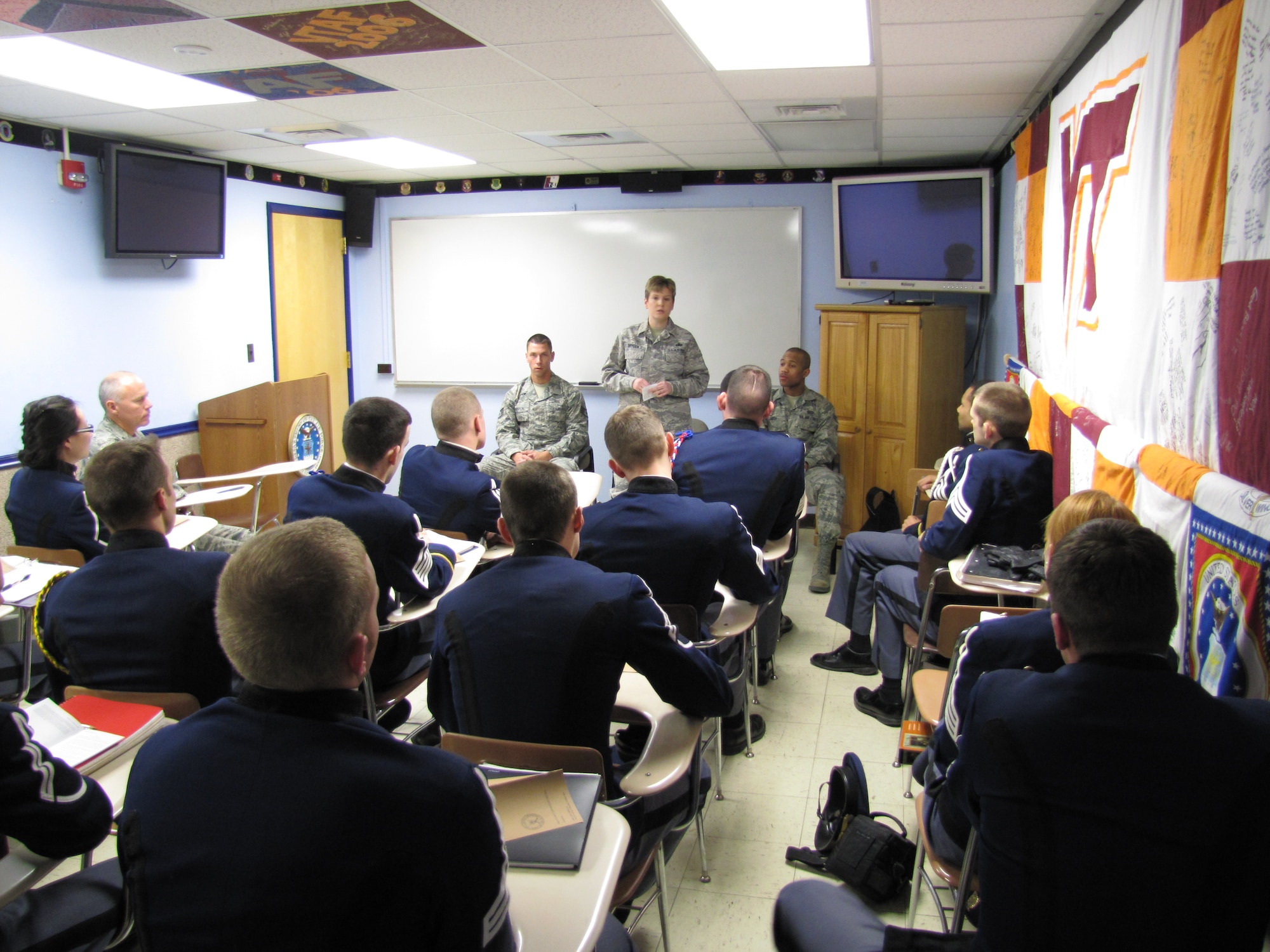 Chief Master Sgt. Rebecca Dryden, 27th Intelligence Squadron chief enlisted manager, Langley Air Force Base, Va., shares an Airman’s perspective with senior Reserve Officer Training Cadets at Virginia Tech, during a visit to the university March 3 and 4. Chief Dryden emphasized the importance future Air Force leaders must place in taking care of the enlisted force. (Courtesy photo)