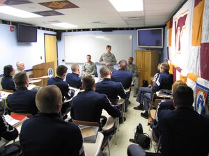 Chief Master Sgt. Rebecca Dryden, 27th Intelligence Squadron chief enlisted manager, Langley Air Force Base, Va., shares an Airman’s perspective with senior Reserve Officer Training Cadets at Virginia Tech, during a visit to the university March 3 and 4. Chief Dryden emphasized the importance future Air Force leaders must place in taking care of the enlisted force. (Courtesy photo)