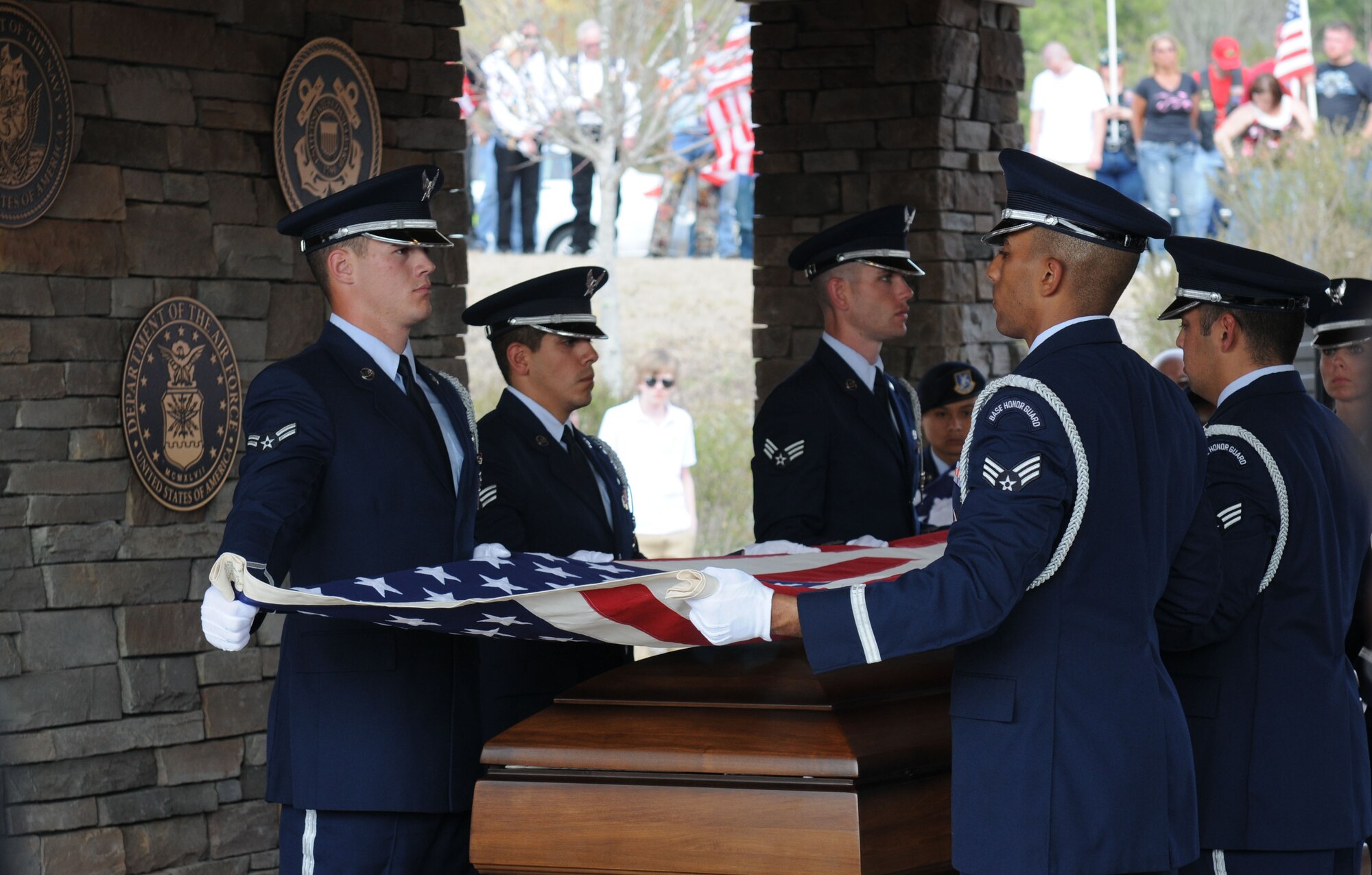 ANDERSON, S.C. - Shaw Air Force Base honor guard folds the U.S. flag of Senior Airman Nicholas J. Alden, Anderson, S.C., March 19, 2011. Airman Alden, assigned to the 48th Security Forces Squadron, Royal Air Force Lakenheath, England, was killed during a shooting March 2 at Frankfurt International Airport. More than 1,000 locals gathered to honor Airman Alden. (U.S. Air Force photo/Tech. Sgt. Vincent A. Mouzon (Released))