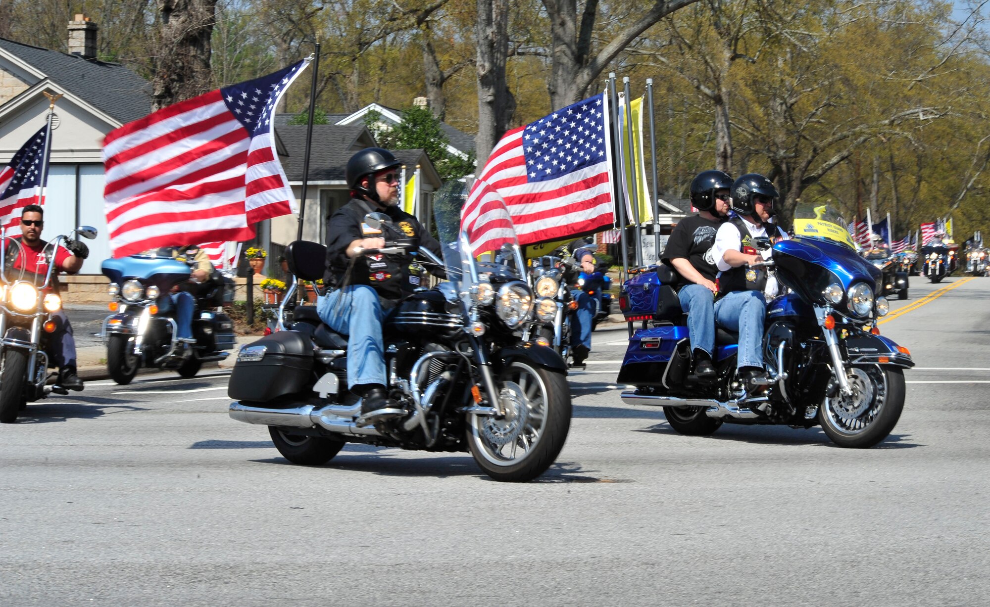 ANDERSON, S.C. - Motorcycle riders lead the funeral procession of Senior Airman Nicholas J. Alden, Anderson, S.C., March 19, 2011. Airman Alden, assigned to the 48th Security Forces Squadron, Royal Air Force Lakenheath, England, was killed during a shooting March 2 at Frankfurt International Airport. More than 1,000 locals gathered to honor Airman Alden. (U.S. Air Force photo/Tech. Sgt. Vincent A. Mouzon (Released))