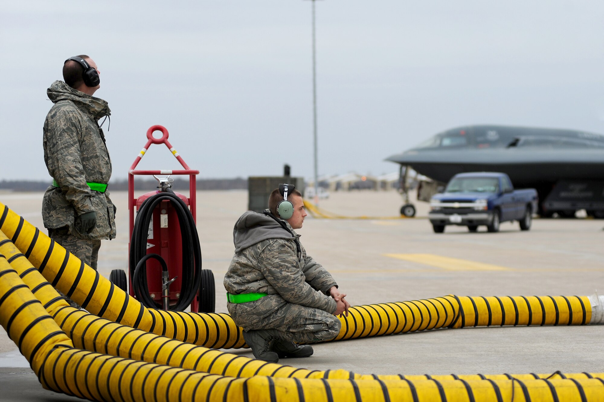 Maintainers and crew chiefs from the 509th Aircraft Maintenance Squadron prepare B-2 Spirits March 19, 2011, at Whiteman Air Force Base, Mo., in support of Operation Odyssey Dawn. (U.S. Air Force photo/Senior Airman Kenny Holston)