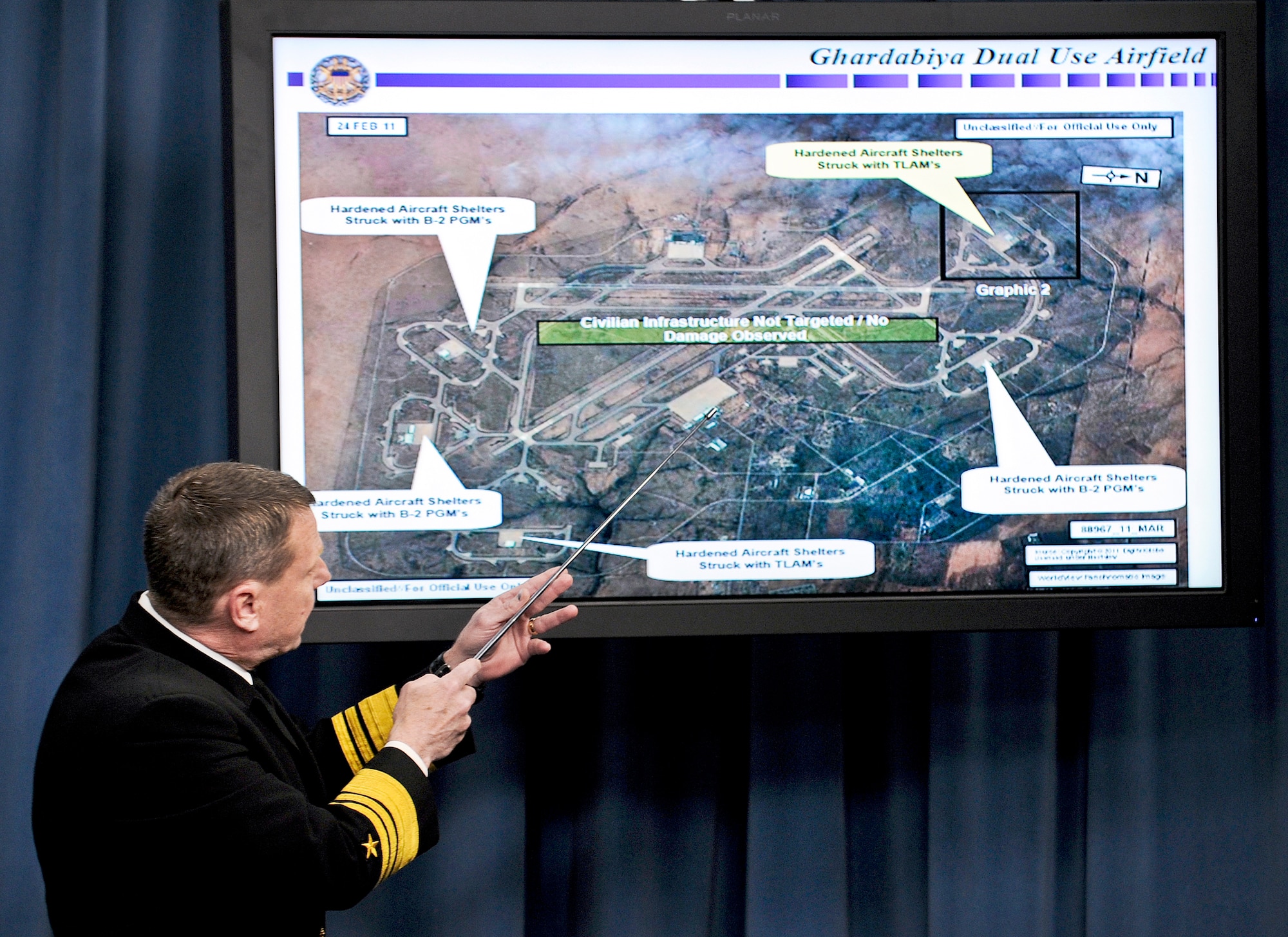 Navy Vice Adm. William E. Gortney updates reporters on Operation Odyssey Dawn March 20, 2011, at the Pentagon. Admiral Gortney is the director of the Joint Staff. (DOD photo/Master Sgt. Jerry Morrison)