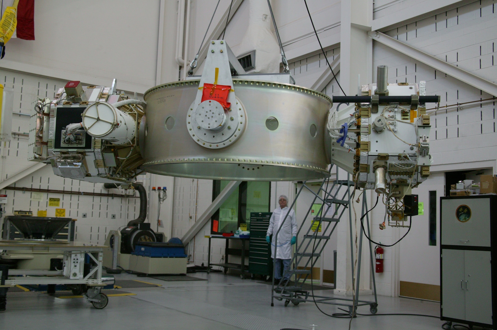 The Demonstration and Science Experiments satellite during testing at the Air Force Research Laboratory’s Space Vehicles Directorate. U.S. Air Force Photo 