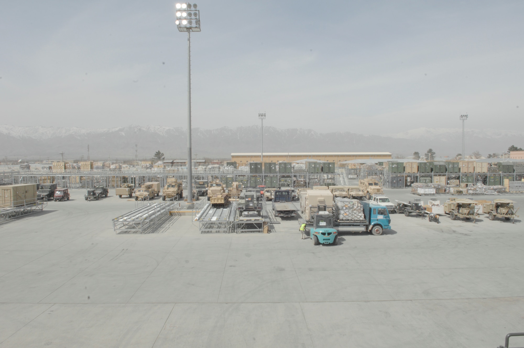 A view of the new cargo yard at the 455th Expeditionary Aerial Port Squadron at Bagram Airfield, Afghanistan. Future construction projects to improve the squadron include a new passenger terminal and cargo facility. (U.S. Air Force photo/Senior Airman Amber R. Kelly-Herard) 