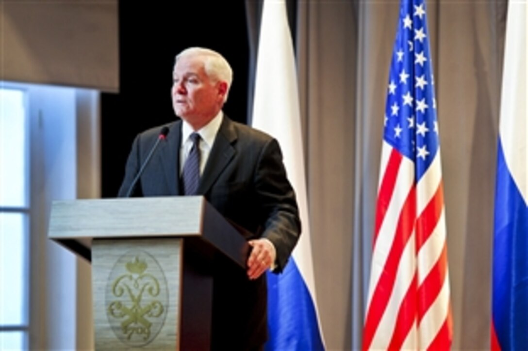 U.S. Defense Secretary Robert M. Gates speaks with junior officers at the new State Russian Naval Museum in St. Petersburg, Russia, March 21, 2011.