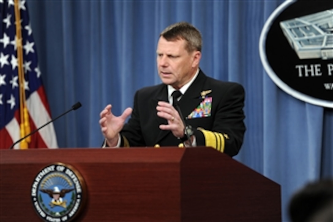 Director of the Joint Staff Vice Adm. William E. Gortney conducts a press briefing in the Pentagon on March 19, 2011.  Gortney announced that coalition forces have launched Operation Odyssey Dawn to enforce U.N. Security Council Resolution 1973.  