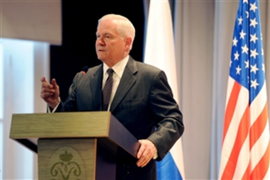Secretary of Defense Robert M. Gates speaks with junior officers in the New Naval Museum in St. Petersburg, Russia, on March 21, 2011.  