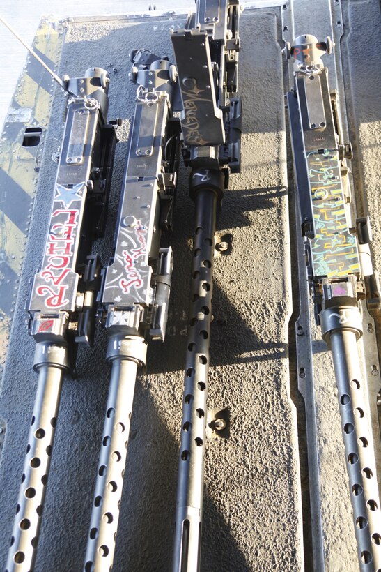 Four .50-caliber machine guns wait to be mounted onto CH-53D Sea Stallions in support of operations in southern Afghanistan, at Camp Bastion, March 22. The operations included Marines from Company G, 2nd Battalion, 1st Marine Regiment and 2nd Battalion 3rd Marine Regiment as well as Afghan National Army soldiers.
