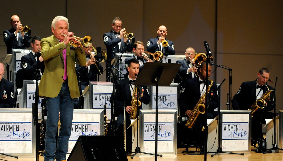 Doc Severinson, legendary jazz trumpeter and guest artist with the Airmen of Note, the premier jazz ensemble of the U.S. Air Force, performs March 19 with the brass section at the University of Tennessee, Knoxville, Tenn. Doc made a guest appearance for the show, surprising the audience with a performance. The Note is traveling through Virginia, Tennessee, Mississippi and Arkansas on its 2011 Spring Tour. (U.S. Air Force photo by Airman 1st Class Tabitha N. Haynes)