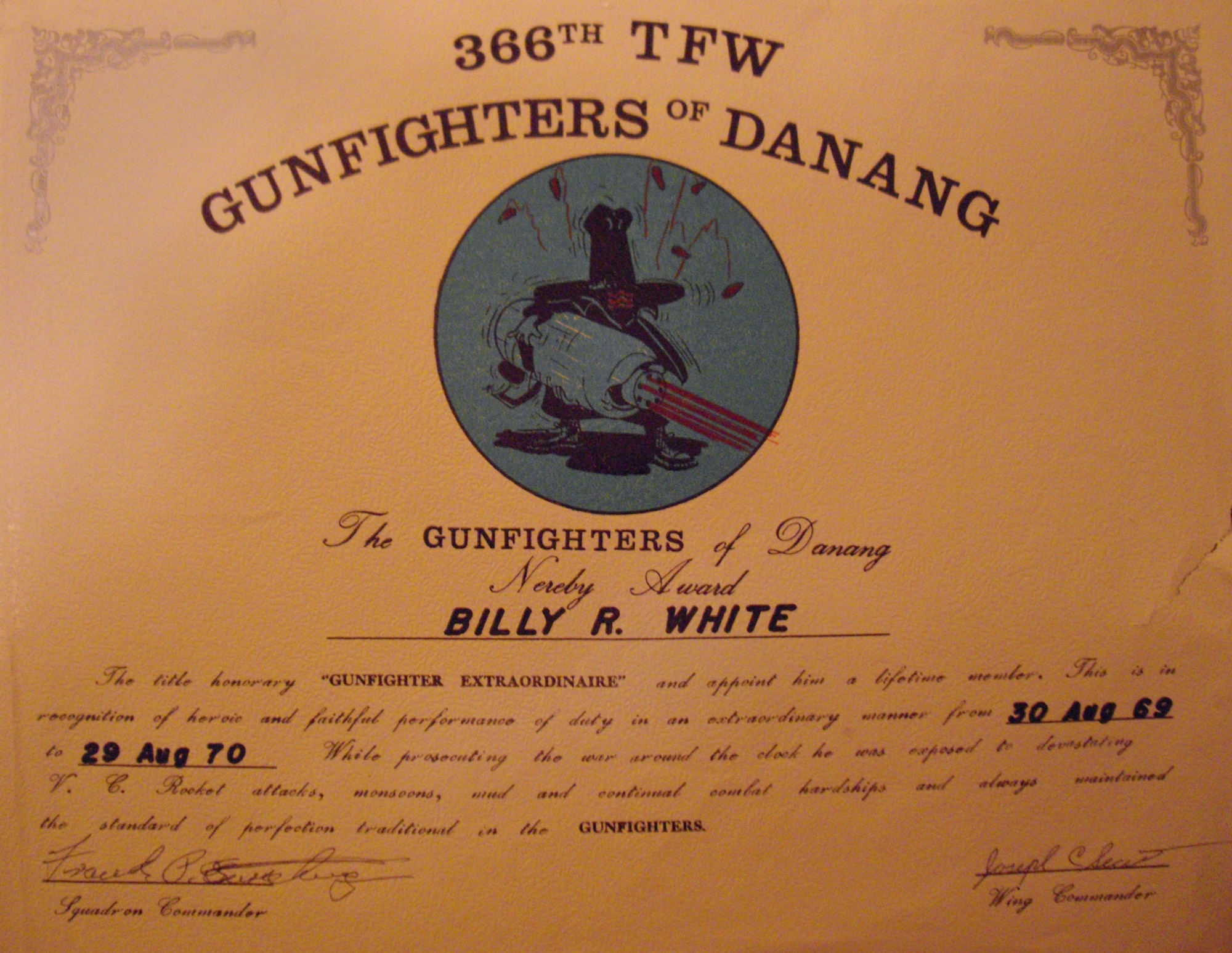 Maj. (ret) Billy White received a certificate for his work at DaNang Air Base, Republic of Vietnam from 1969-1970. (Courtesy photo)