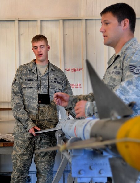 MOODY AIR FORCE BASE, Ga. -- Senior Airman Dustin Stinnett, 23rd Equipment Maintenance Squadron precision guided munitions crewmember, and Staff Sgt. David Sain, 23rd EMS precision guided munitions crewchief, prepare to remove the AIM-9 Sidewinder air-to-air missile head March 22. After removing the AIM-9 head, the precision guided munitions flight used a guidance control section test set to run a functional check on it. (U.S. Air Force photo/Airman 1st Class Douglas Ellis)(RELEASED)
