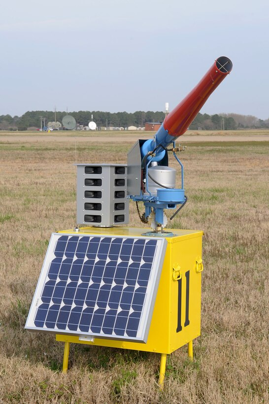 One of sixteen Scare Wars remote bird deterrent units is located on the outskirts of the flightline on Langley Air Force Base, Va., March 22, 2011. Scare Wars is a remotely controlled bird and wildlife abatement system that uses liquefied petroleum gas cannons and bird distress cries to remove birds from the airfield in order to prevent damage to aircraft and personnel. (U.S. Air Force photo by Staff Sgt. Ashley Hawkins/Released)