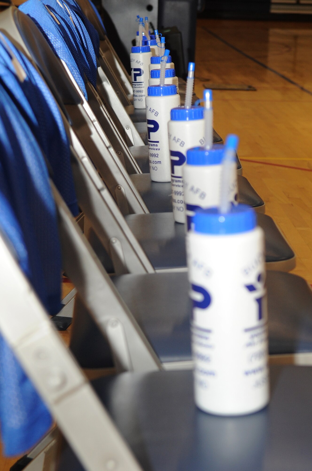 BUCKLEY AIR FORCE BASE, Colo.-- Buckley Panther Jerseys and water bottles are lined up for the team before the big game at the Fitness Center, March 11, 2011. Players are the children of retired, DoD civilians and active duty military. (U.S. Air Force photo by Airman Manisha Vasquez)