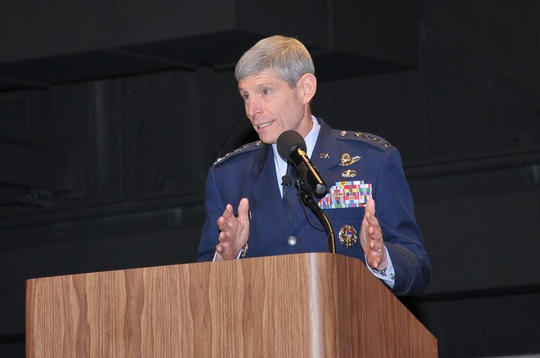 Air Force Chief of Staff Gen. Norton Schwartz speaks to the team responsible for the source selection of the Air Force's KC-46A tanker at Wright-Patterson Air Force Base, Ohio, on March 21, 2011.  Secretary of the Air Force Michael Donley; Under Secretary of Defense for Acquisition, Technology and Logistics Dr. Ashton Carter; General Schwartz; and KC-46 Program Executive Officer Brig. Gen. Christopher Bogdan expressed their appreciation to more than 230 team members at the National Museum of the United States Air Force.  (U.S. Air Force photo/Niki Jahns)