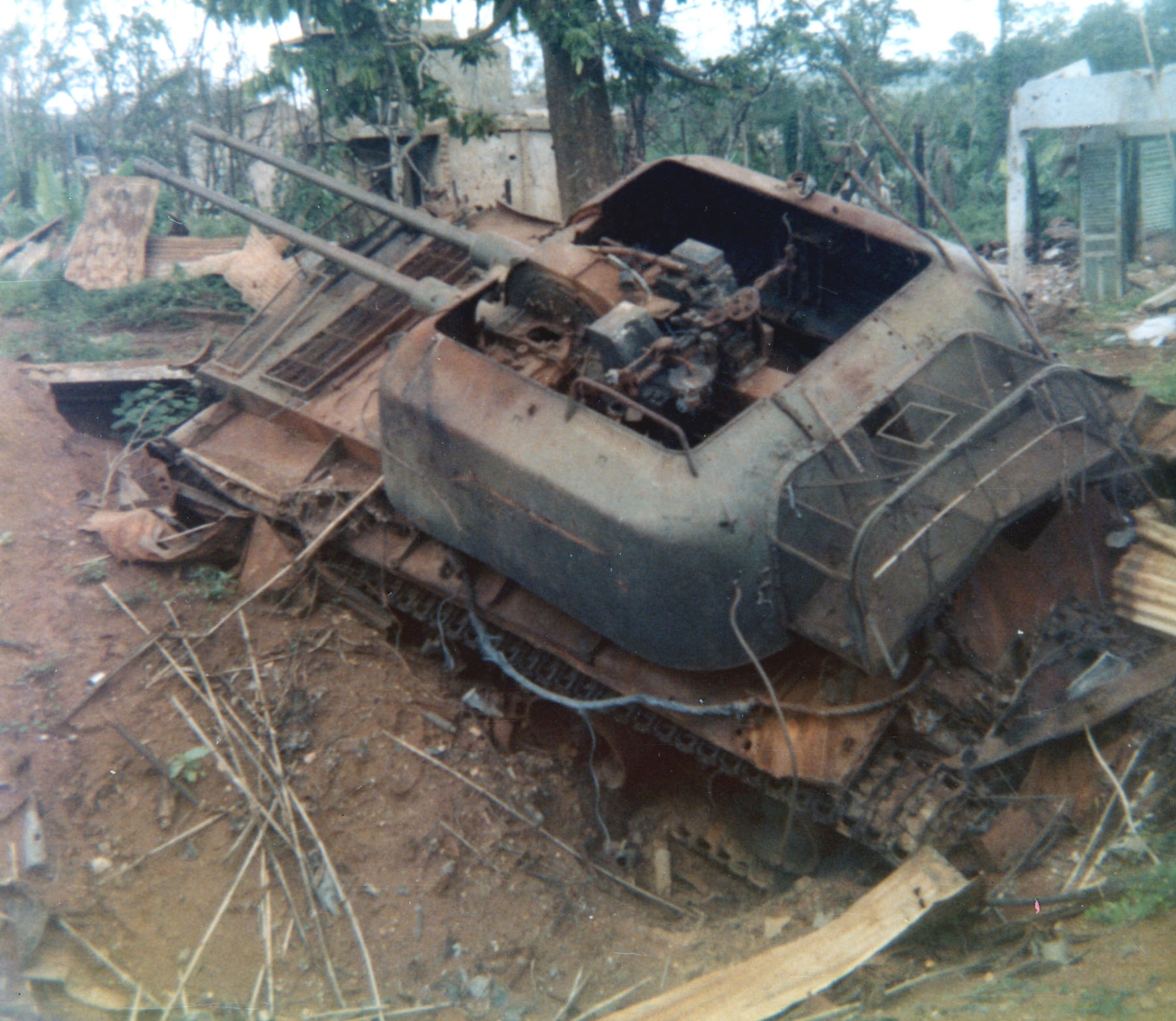 North Vietnamese mobile anti-aircraft gun destroyed by a 500-lb. aerial bomb during the siege of An Loc. (U.S. Air Force photo)