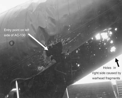 The results of a deadly new threat -- the man-portable SA-7 surface-to-air missile. The warhead sprayed fragments through the back of this AC-130 and seriously wounded Ken Felty, who provided these photographs. (U.S. Air Force photo)