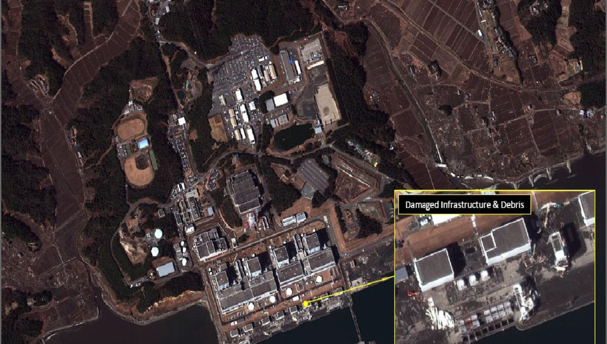 Here is a before and (inset) after image of the Fukushima Dai-ni nuclear power plant in northeastern Japan after the devastating earthquake and tsunami that struck March 11. The image was collected by DigitalGlobe, Inc., and provided to responders by the ESC-managed Eagle Vision program team.  (Photo courtesy of DigitalGlobe, Inc.)