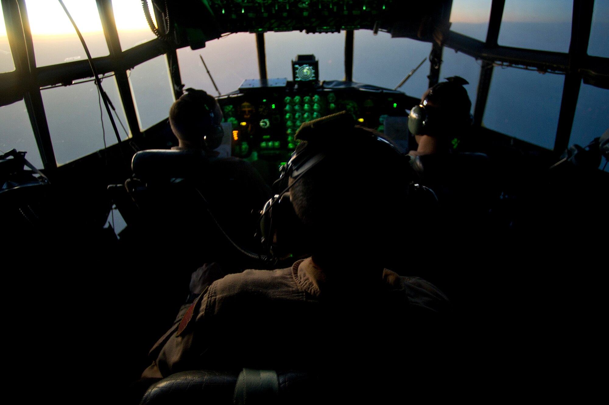 A 746th Expeditionary Airlift Squadron C-130 Hercules aircrew fly an air transport mission in support of Operation New Dawn. The C-130 crew transported soldiers from the 4th Infantry Division out of Iraq on the first leg of their return trip home after completing their deployment. The aircrew is deployed from Niagara Falls, N.Y.