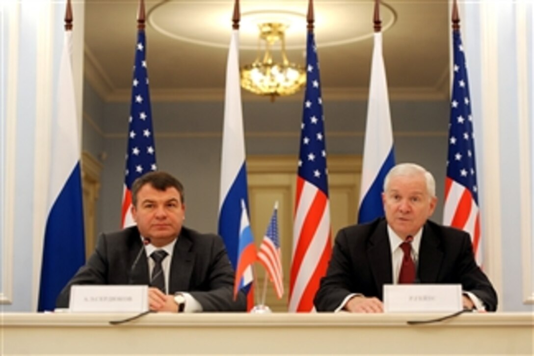 Secretary of Defense Robert M. Gates and Russian Defense Minister Anatoly Serdyukov conduct a press conference at the Ministry of Defense Guest House in Moscow, Russia, on March 22, 2011.   