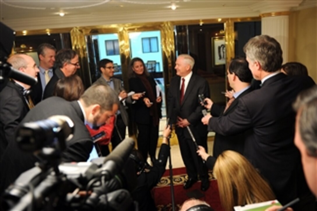 Secretary of Defense Robert M. Gates speaks with members of the traveling press in Moscow, Russia, on March 22, 2011.  