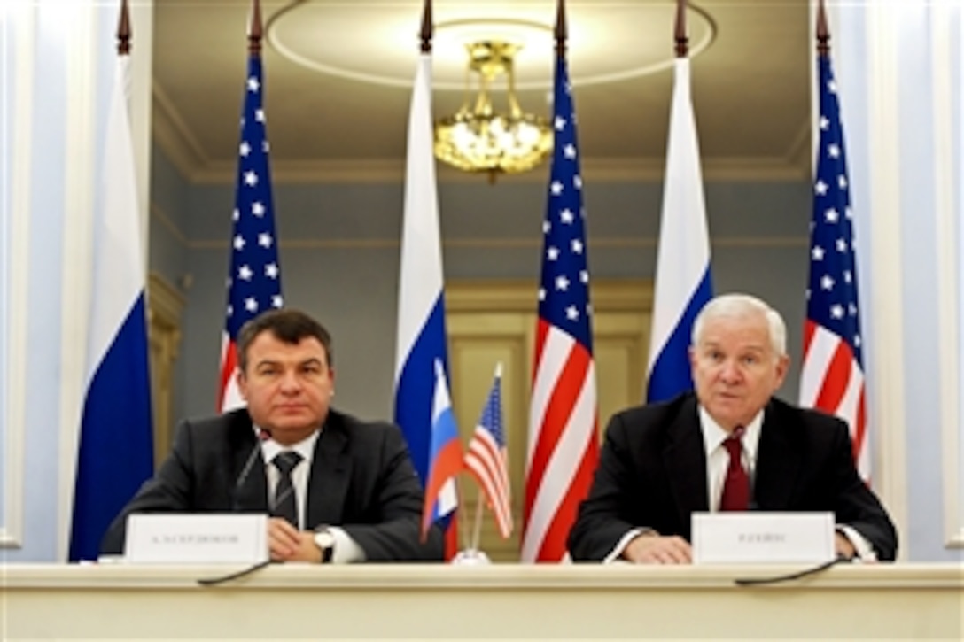U.S. Defense Secretary Robert M. Gates and Russian Defense Minister Anatoly Serdyukov conduct a press conference at the Ministry of Defense Guest House in Moscow, March 22, 2011.