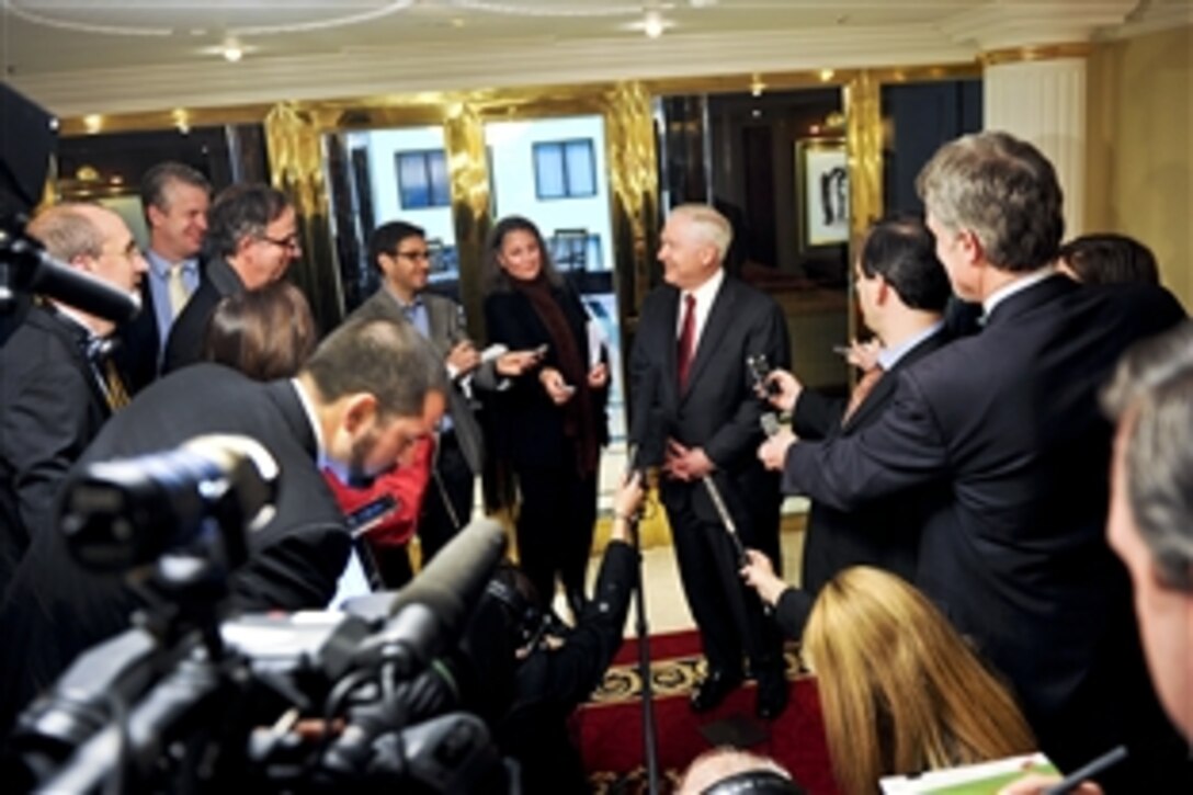 U.S. Defense Secretary Robert M. Gates speaks with members of the traveling press in Moscow, March 22, 2011.