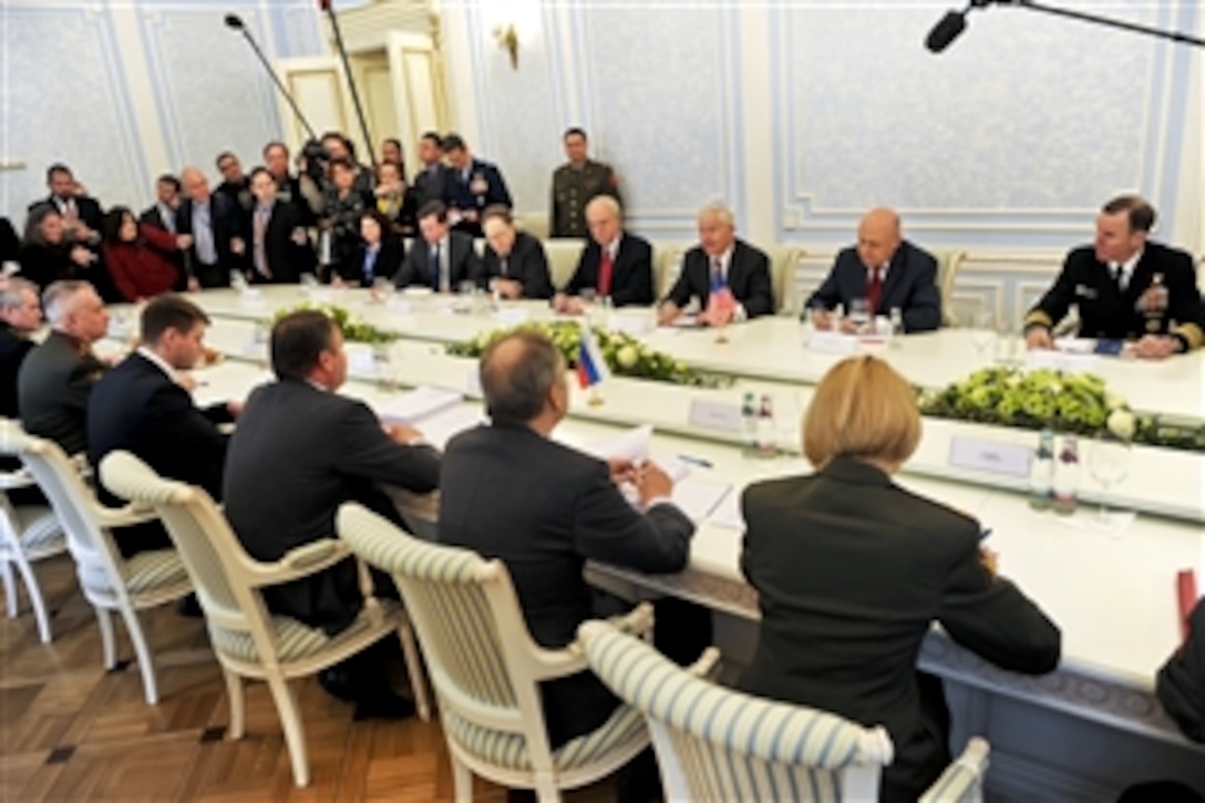 U.S. Defense Secretary Robert M. Gates meets with Russian Defense Minister Anatoly Serdyukov at the Ministry of Defense Guest House in Moscow, March 22, 2011.