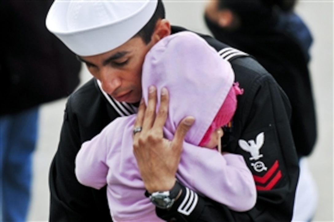 U.S. Navy 2nd Class Steven Mayorga embraces his daughter before deploying aboard the amphibious transport dock ship USS Cleveland in San Diego, March 21, 2011, to support Pacific Partnership 2011. The exercise is a U.S. Pacific Fleet humanitarian and civic assistance mission to strengthen regional partnerships.Mayorga is an operations specialisst.