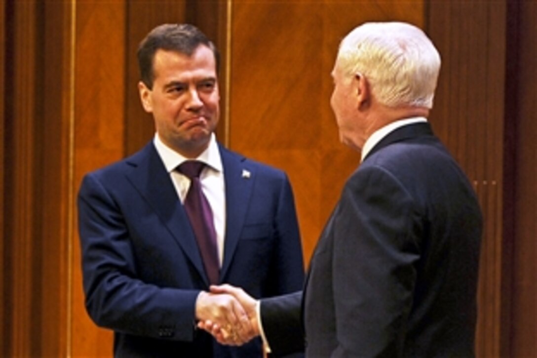 U.S. Defense Secretary Robert M. Gates meets with Russian President Dmitry Medvedev at his Dacha or Russian country house in Moscow, March 22, 2011.
