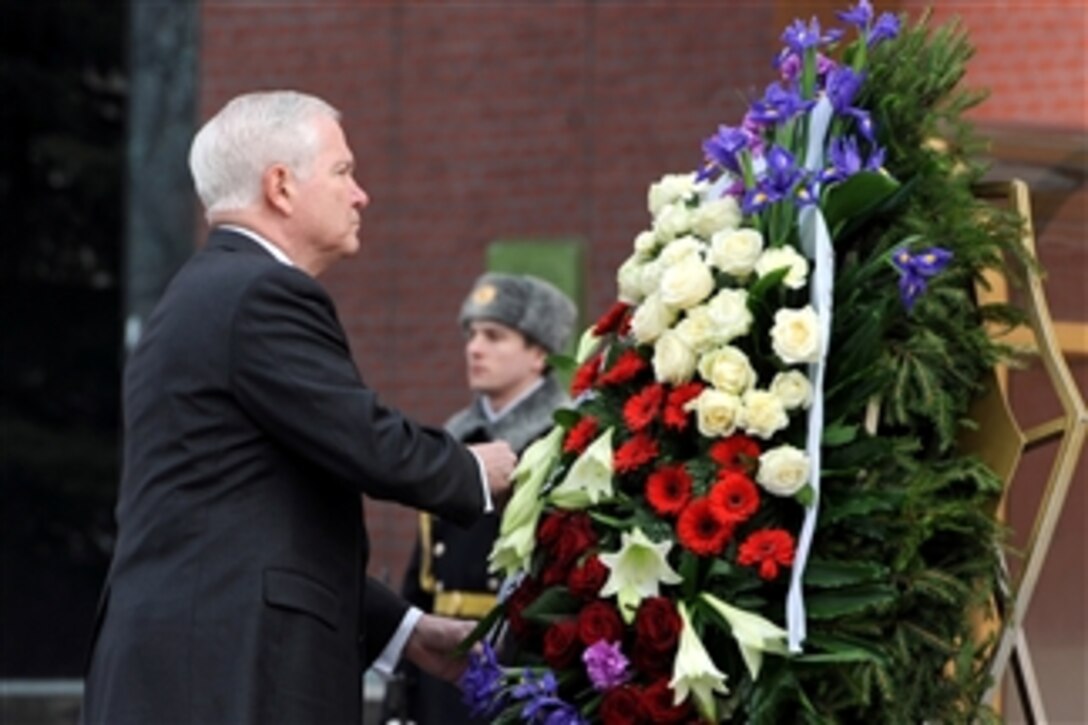 Secretary of Defense Robert M. Gates lays a wreath at the Tomb of the Unknown Soldier in Moscow, Russia, on March 22, 2011.  
