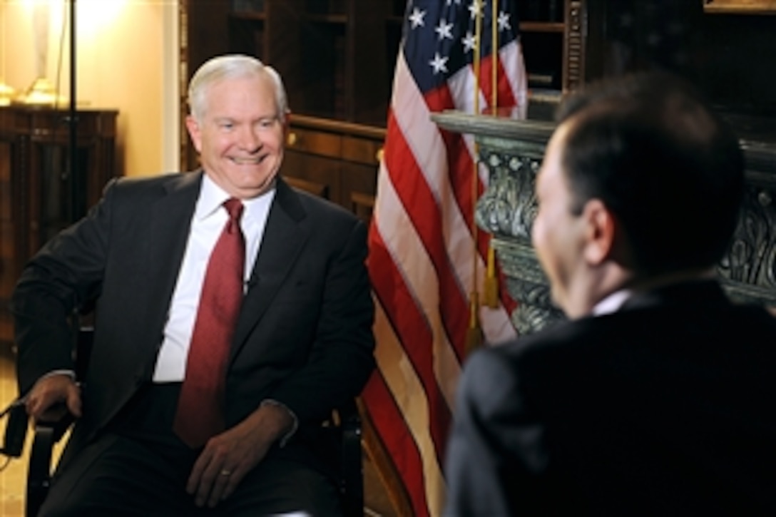 Secretary of Defense Robert M. Gates conducts an interview with Sergei Brilyov, anchorman of Vesti V Subbotu (News on Saturday) TV program, in Moscow, Russia, on March 22, 2011.  