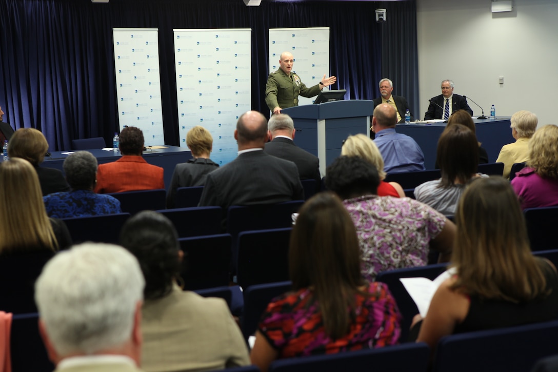 Maj. Gen. Carl B. Jensen, commanding general of Marine Corps Installations – East, addresses a number of concerns that business leaders, service members and citizens of the city of Jacksonville and Onslow County had during the first of a three part forum series on ‘Growth Issues,’ at the Jacksonville City Hall council Chambers, March 23. Other county officials, such as Ken Brandon, with the Jacksonville Board of Realtors, and Glenn Hargett, the community affairs director, presented information on the status of real estate and population in the area.