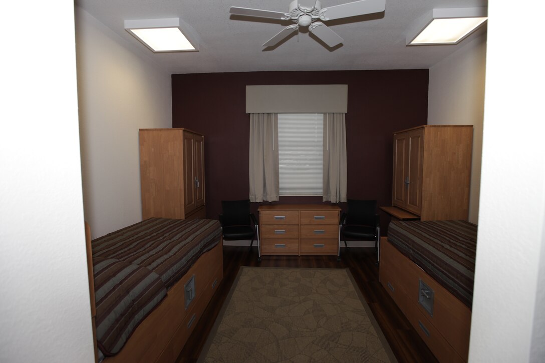 A room inside of Marine Corps Air Station Cherry Point's new bachelor enlisted quarters, which were unveiled during an official ribbon-cutting ceremony at the air station March 25. Each room is outfitted for a maximum of two occupants and feature individual walk-in closets, kitchenettes with a sink, fridge, freezer and microwave, and a private bathroom for the room’s two tenants only.