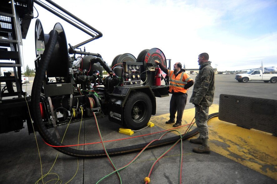 62nd Aerial Port Squadron Airmen and civilians work together to refuel a Columbian aircraft March 22, 2011, at Joint Base Lewis-McChord, Wash. The aircraft landed at McChord Field for refueling while moving more than 190 passengers from Japan’s Narita International Airport to Columbia. (U.S. Air Force photo/Airman 1st Class Leah Young)