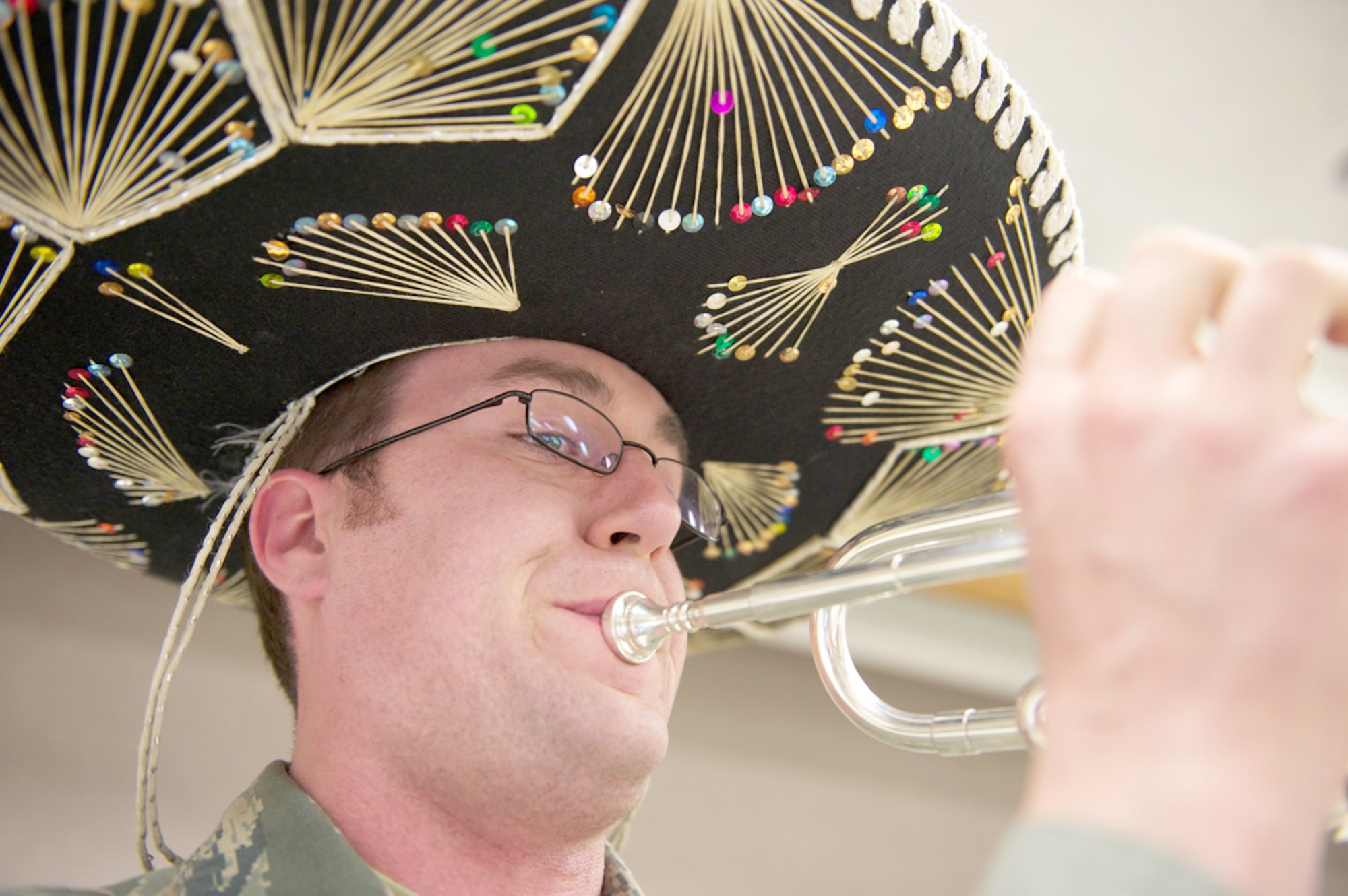 Air Force Staff Sgt. Tom Salyers, U.S. Air Force Band of the Pacifc, originally from
Pittsburgh, plays trumpet during a March 17 Music In Our Schools performance at
Trailside Elementary School in Anchorage. (U.S. Air Force photo/David Bedard)