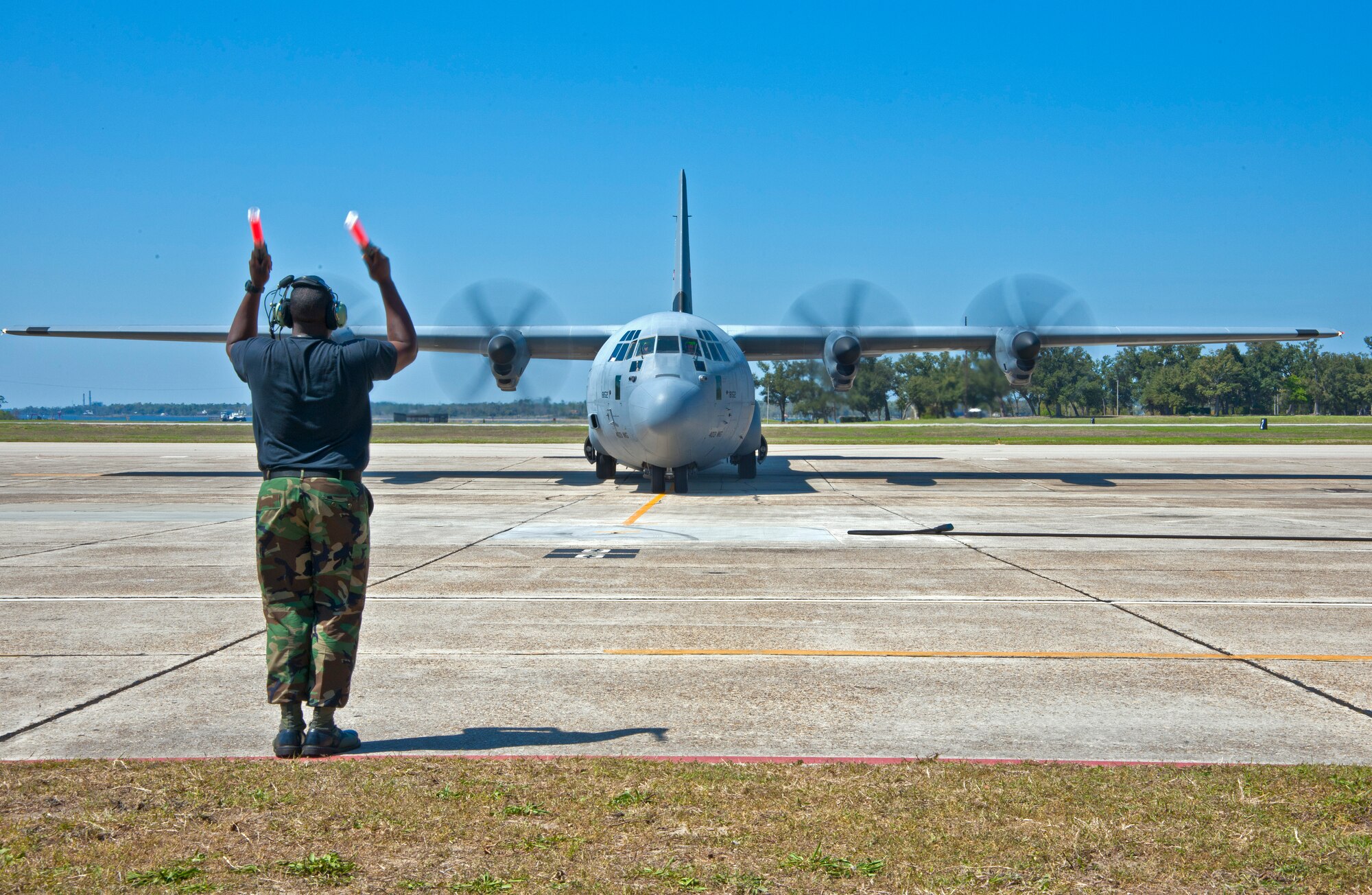 An 815th Airlift Squadron C-130J-30 returns to the 403rd Wing, Keesler Air Force Base, Miss., from Southwest Asia March 21.  Reservists from the 403rd Wing deployed in January 2011 to support overseas contingency operations there.  (U.S. Air Force photo by Tech. Sgt. Tanya King)