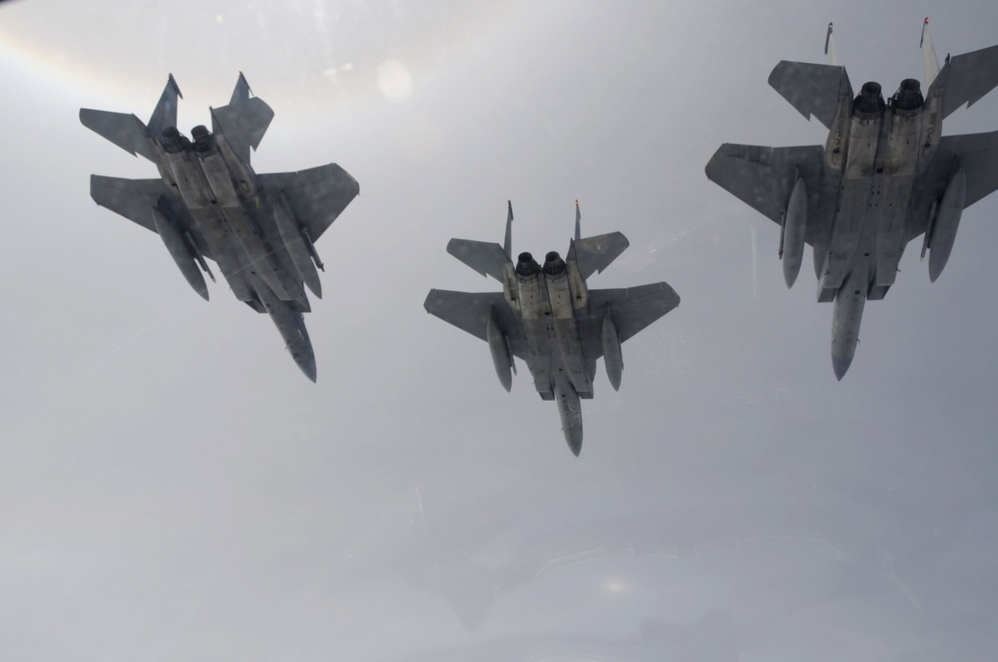 F-15 Eagles assigned to the 44th Expeditionary Fighter Squadron at Kadena Air Base, Japan, fly over Thailand March 23, 2011, prior to starting an exercise scenario during Cope Tiger 2011, which runs from March 14 through 25. Participants of Cope Tiger include the U.S. Air Force, the U.S. Marine Corps, the Royal Thai Air Force, Royal Thai Army and the Republic of Singapore Air Force. (U.S. Air Force photo/Master Sgt. Cohen A. Young)