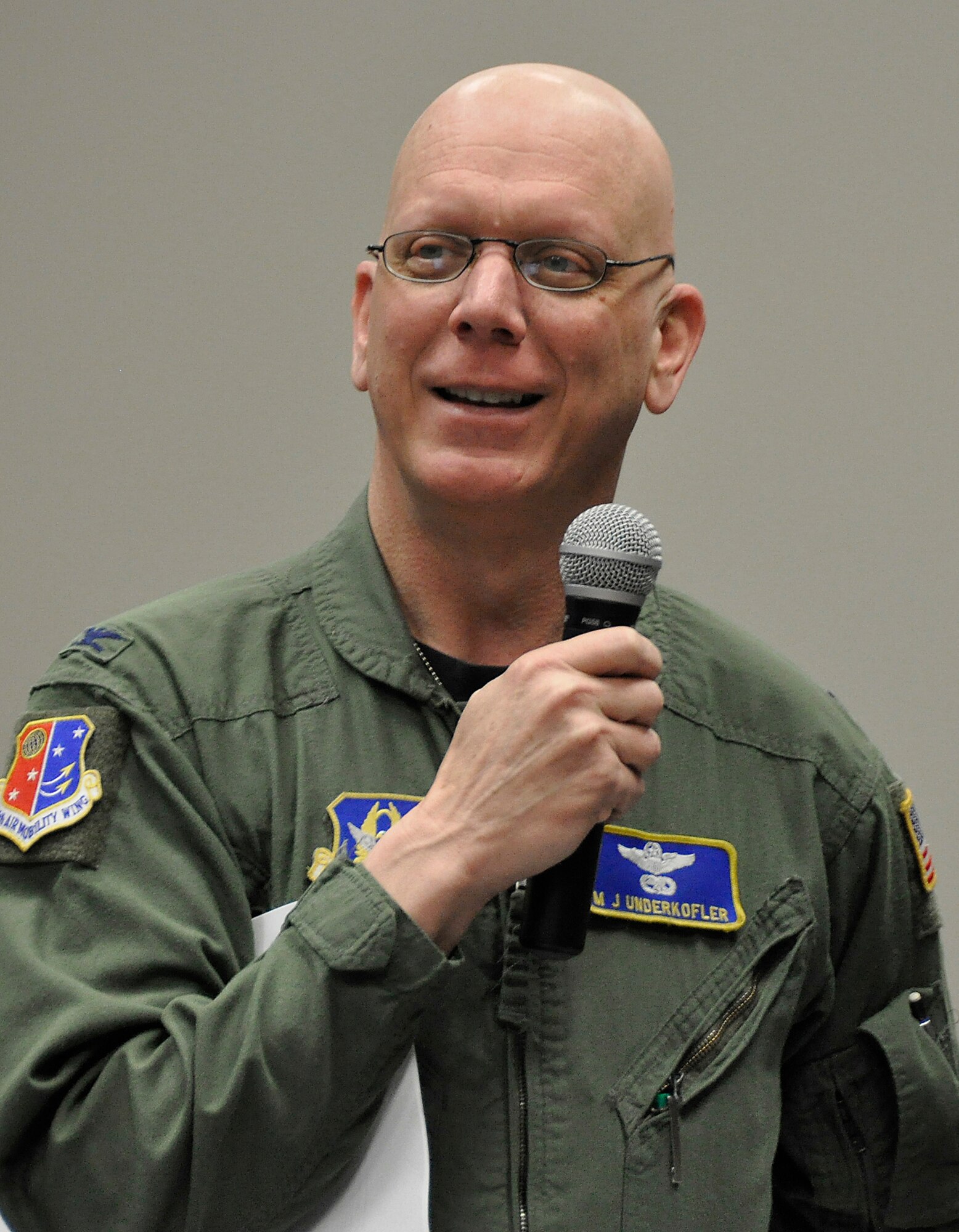 JOINT BASE MCGUIRE-DIX-LAKEHURST, N.J. -- Colonel Michael Underkofler, 514th Air Mobility Wing vice commander, discusses the results of the wing’s recent inspections in an auditorium within the 514th Aeromedical Evacuation Squadron here March 22, 2011. The wing earned high marks in the unit compliance inspection, the logistics compliance assessment program and the aircraft standardization evaluation visit. (U.S. Air Force photo/Tech. Sgt. Shawn J. Jones)