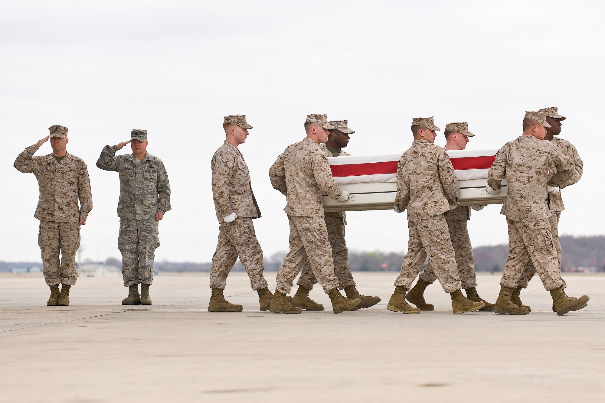 A U.S. Marine Corps carry team transfers the remains of Marine Staff Sgt. James M. Malachowski, of Westminster, Md., at Dover Air Force Base, Del., March 23, 2011. Malachowski was assigned to the 2nd Battalion, 8th Marine Regiment, 2nd Marine Division, II Marine Expeditionary Force, Camp Lejeune, N.C. (U.S. Air Force photo/Roland Balik)
