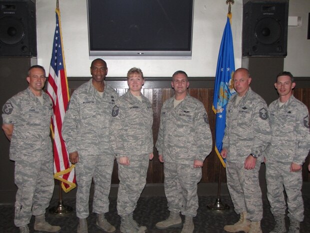 The Senior Master Sgt. selectee promotion party took place March 11 at the Charleston Club. In attendance were (left to right) Master Sergeant Jeffrey Tynan, 628th Logistics Readiness Squadron, Master Sergeant Charles Washington, 628th Air Base Wing, Master Sergeant William Lesage, 14th Airlift Squadron, Master Sergeant Mark Harrison, 15th Airlift Squadron and Master Sergeant Donald Sturm, 437th Aircraft Maintenance Squadron. (U.S. Air Force photo/courtesy of the 437th Airlift Wing)