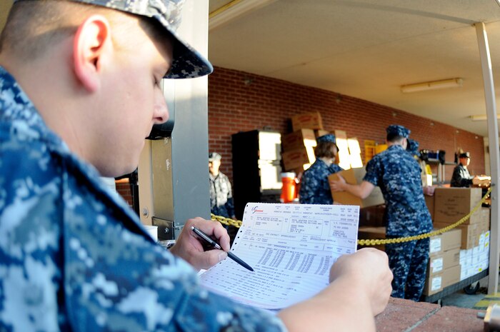 Culinary Specialist 3rd Class Christopher Merritt verifies a delivery as Sailors unload boxes from a delivery truck during a stores on-load  at the Joint Base Charleston-Weapons Station Galley, Mar. 17. CS3 Merritt is attached to Naval Support Activity. (U.S. Navy photo/Mass Communication Specialist 1st Class Jennifer R. Hudson)