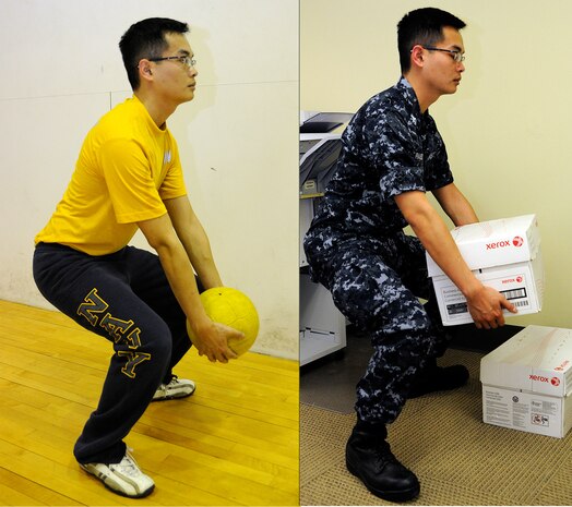 THe Navy Operational Fitness and Fueling Series has more than 90 exercises specifically designed to challenge Sailors and improve their fitness levels in the areas they use in their work environment. Properly lifting a medicine ball translates to moving and lifting boxes and equipment. (U.S. Navy photo/MC1 Jennifer Hudson)