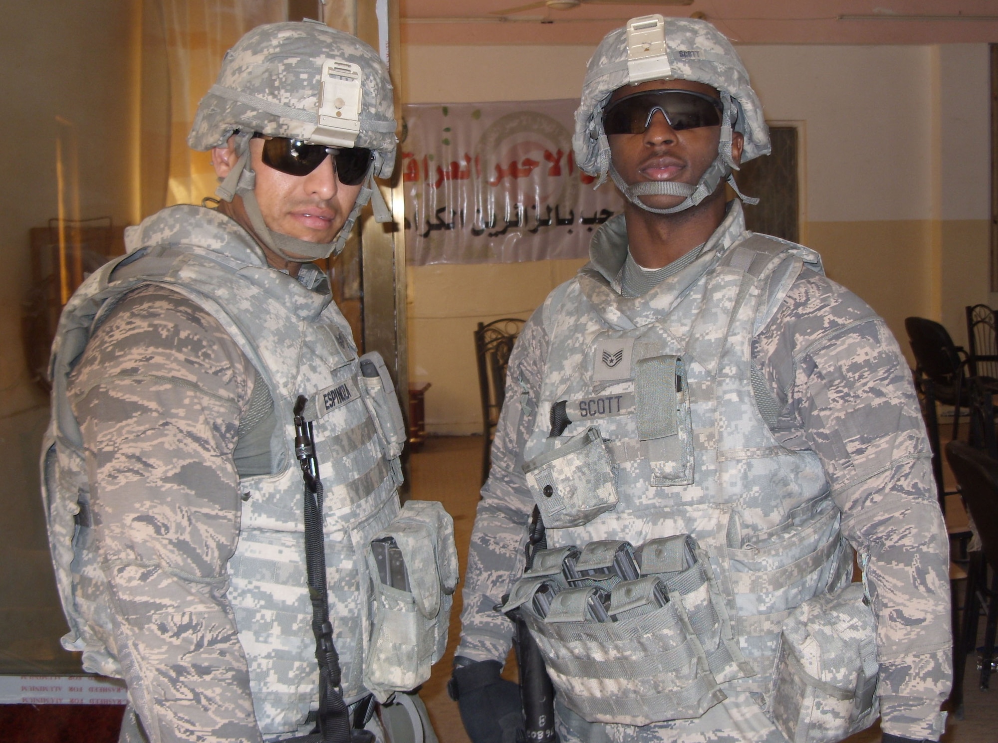 Staff Sgts. Walberto Espinoza and Kevin Scott Jr. pose for a photo during a mission Dec. 2, 2010, in Karbala, Iraq. (Courtesy Photo) 

