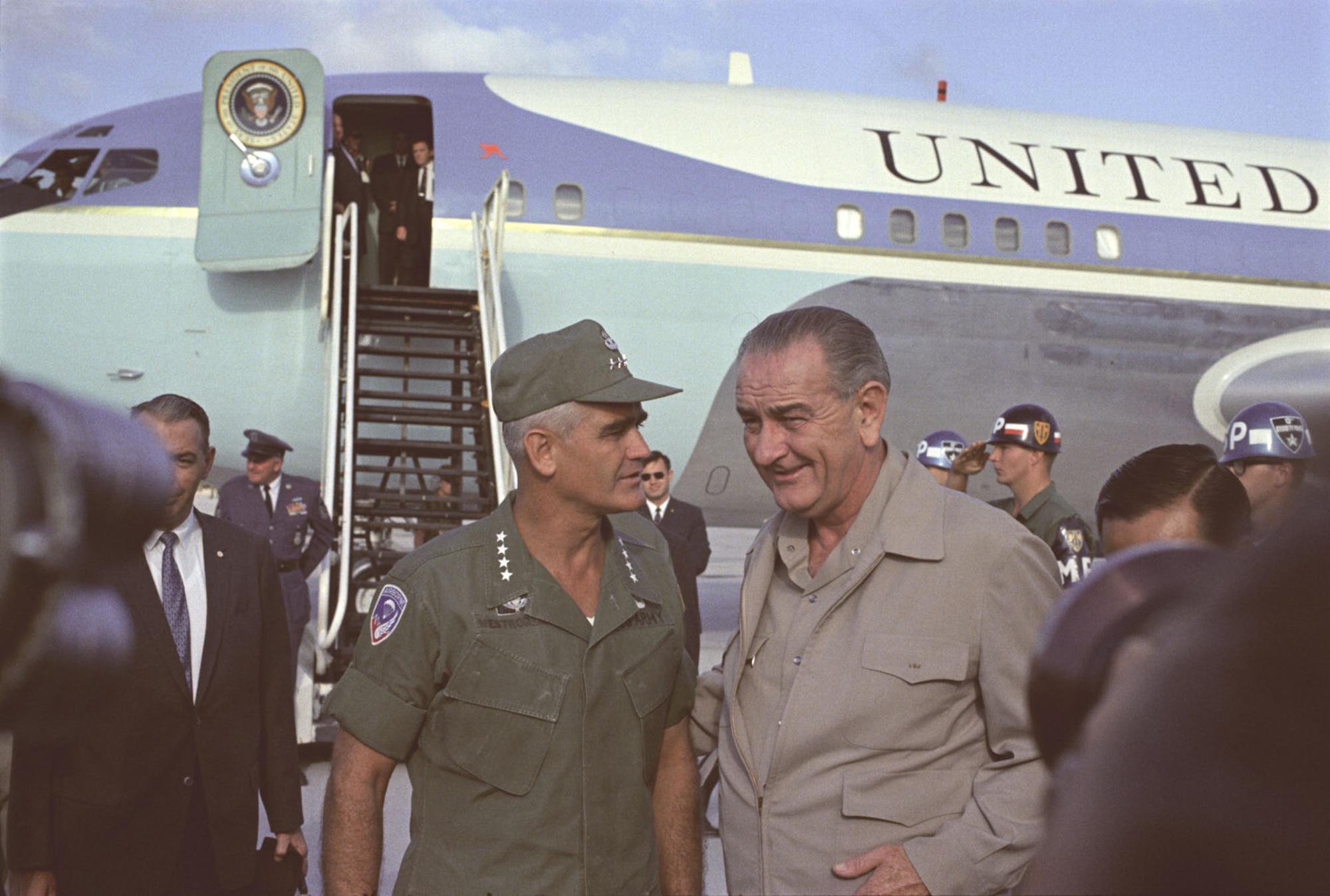 President Johnson visited Gen William C. Westmoreland, U.S. military commander, in South Vietnam a month before Tet. (U.S. Air Force photo)