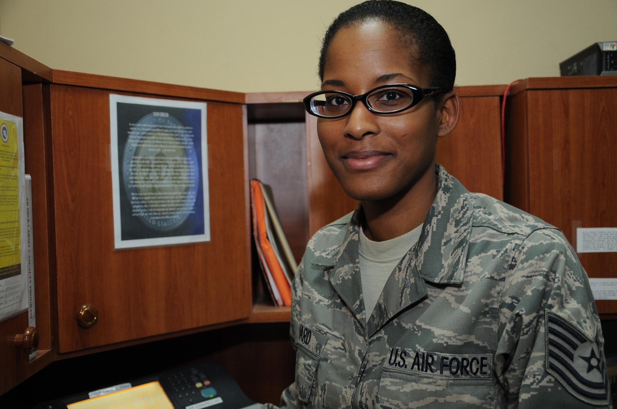 Tech. Sgt. Christine Ward, the non-commissioned officer in charge of casualty operations at the Casualty Assistance Center and assigned to the 387th Expeditionary Support Squadron, was recognized as a superior performer during the 4th Annual Association of the United States Army Servicemember Appreciation banquet in Southwest Asia March 12. Sergeant Ward is deployed from the Air Force Personnel Operations Agency at Randolph Air Force Base, Texas. (U.S. Air Force photo by Senior Airman Cynthia Spalding)