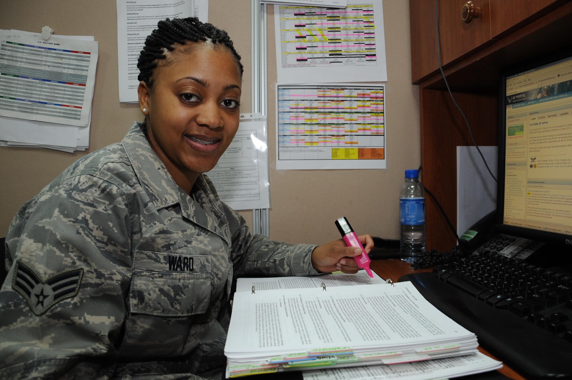 Senior Airman Telesheia Ward, a casualty operations technician at the Casualty Assistance Center and assigned to the 387th Expeditionary Support Squadron, was recognized by the Association of the United States Army as a superior performer during the 4th Annual AUSA Servicemembers Appreciation Banquet in Southwest Asia March 12. Airman Ward is deployed from the Air Force Personnel Center's Total Force Service Center at Randolph Air Force Base, Texas. (U.S. Air Force photo by Senior Airman Cynthia Spalding)